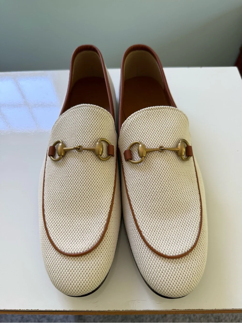 Gucci Cream Textile Loafers with Brown Trim and Gold Horsebit